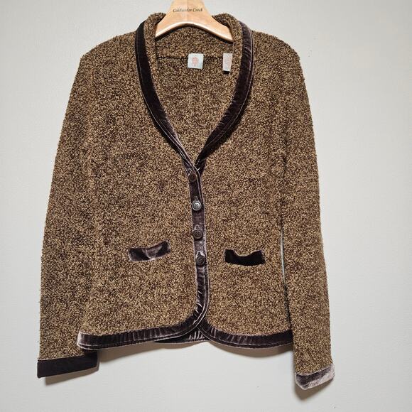 Anthropologie HWR Brown Boucle Cardigan Blazer M Velvet Trim Wool Blend - Picture 12 of 13